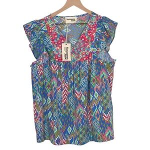 Savanna Jane Embroidered Top Flutter Sleeve New